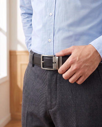 Ceinture automatique sans trous noire portée avec une chemise bleue